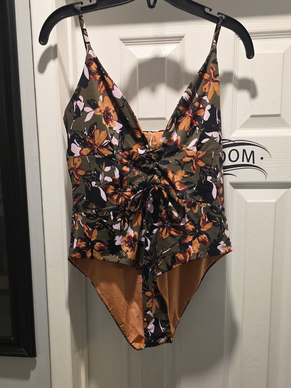 RVCA Olive Green Floral Tie-Front One-Piece with Orange and Light Pink Accents